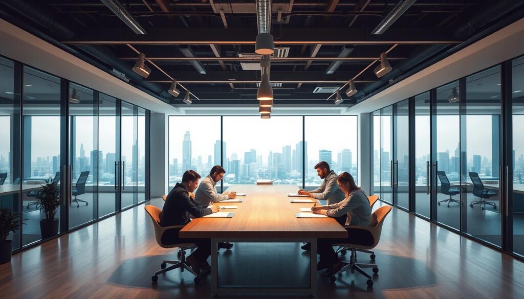 Prompt A modern, sleek office interior of Dobadu Technologies, a content writing company. In the foreground, a team of professional writers collaborating at a long wooden table, illuminated by warm, focused lighting. In the middle ground, a minimalist, open-concept layout with glass walls and floor-to-ceiling windows, allowing natural light to flood the space. The background features a backdrop of the city skyline, conveying a sense of urban sophistication. The overall mood is one of productivity, creativity, and a strong, trustworthy brand identity.