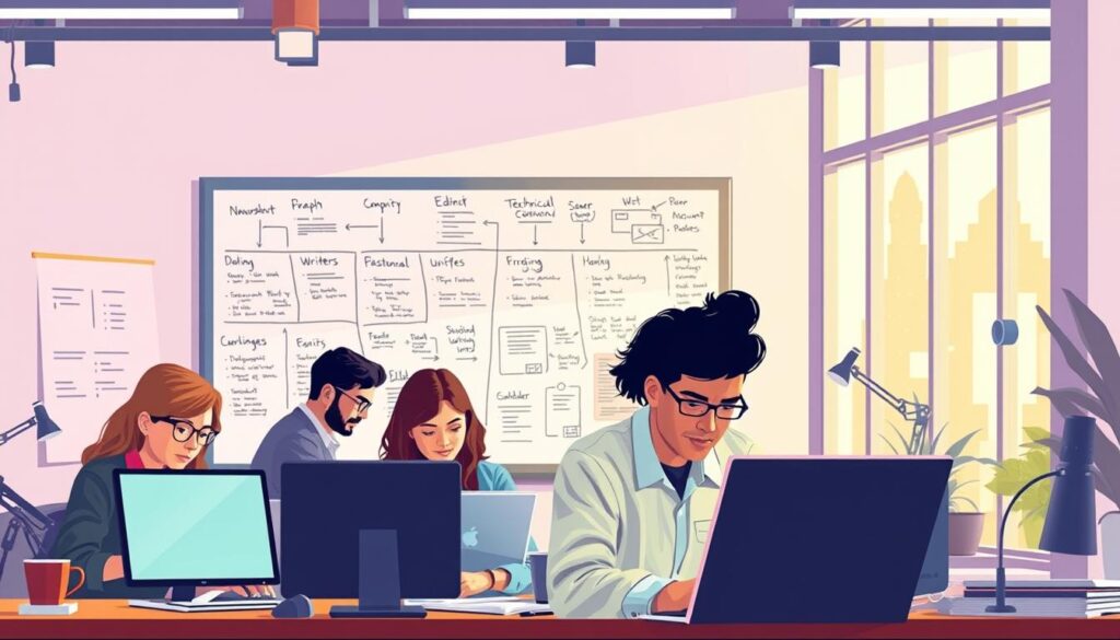 Prompt A vibrant, detailed illustration of the technical writing process at Dobadu Technologies. In the foreground, a team of technical writers diligently drafting and editing documents, their faces illuminated by the soft glow of computer screens. In the middle ground, a whiteboard displays an organized workflow, with diagrams and notes outlining the various stages of the process. The background features a modern, well-equipped office space, with large windows allowing natural light to flood the room, creating a warm, productive atmosphere. The overall scene conveys the precision, expertise, and collaborative nature of Dobadu's technical writing approach.