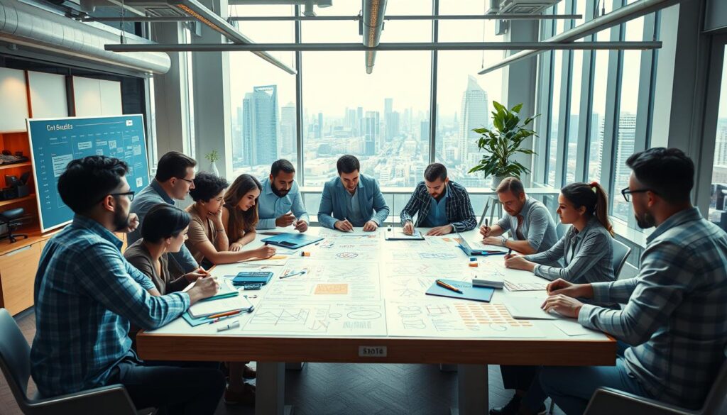 a vibrant and dynamic scene depicting the content creation process for Dobadu Technologies, captured in a cinematic style. The foreground features a diverse team of writers, designers, and strategists collaborating intensely around a large, whiteboard-covered table, ideas and sketches flowing freely. The middle ground showcases a content calendar, digital workflow, and various tools and technologies, while the background reveals a modern, open-concept office space with natural lighting and a panoramic city view. The overall atmosphere is one of focused creativity, innovation, and a shared passion for elevating Dobadu Technologies' brand voice.