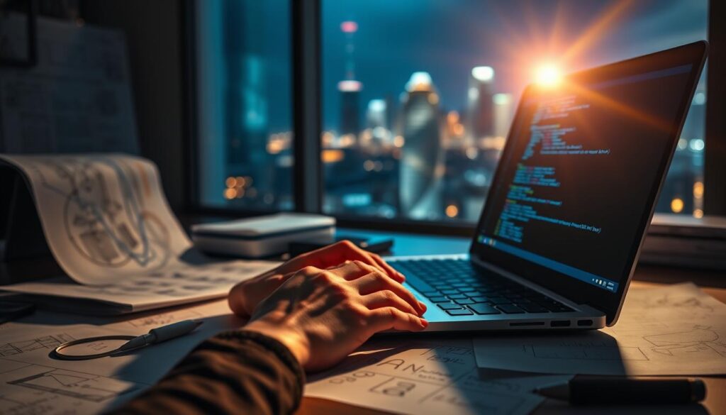 A brilliantly lit desk surface with technical documents, engineering diagrams, and a laptop displaying code. A pair of hands types intently, surrounded by a halo of soft, directional lighting. In the background, a blurred cityscape glows through a window, hinting at the broader digital landscape. The scene exudes focus, expertise, and the power of specialized technical content to shape the modern world.