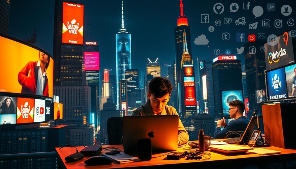 A bustling city skyline with skyscrapers, billboards, and electronic displays. In the foreground, a person sitting at a desk, intently working on a laptop, surrounded by various devices and gadgets. Warm, directional lighting illuminates the scene, casting shadows and highlights to create depth and drama. The background features a variety of social media and digital marketing icons, hinting at the focus on optimizing content for different platforms. The overall mood is one of focus, productivity, and the ever-evolving nature of digital content creation.