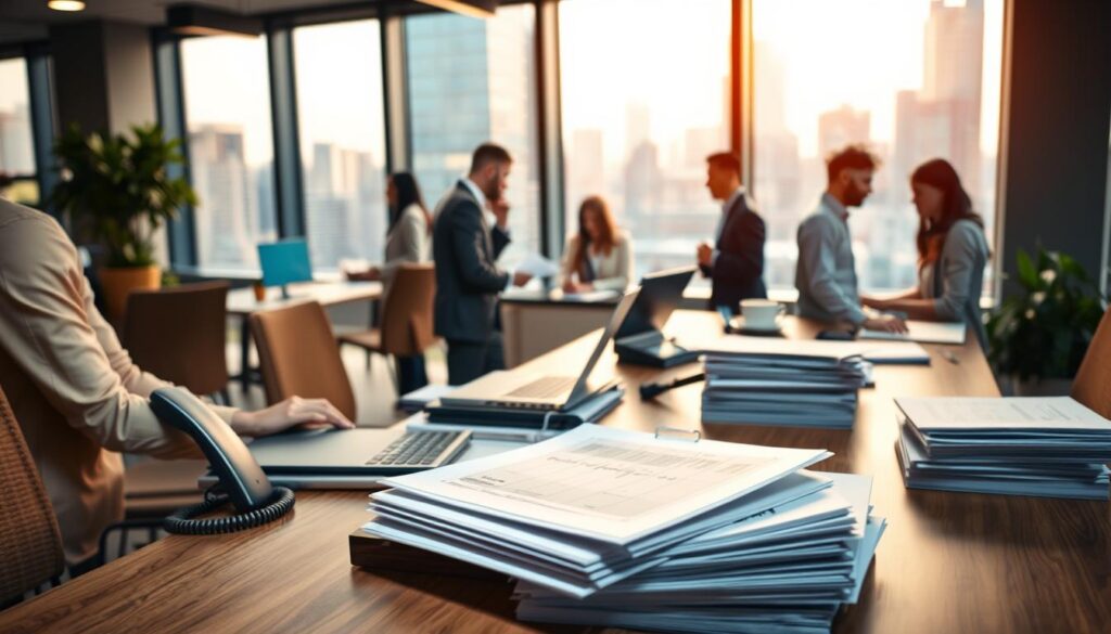 A bustling office scene with a professional distribution network in the foreground. In the center, a desk with a laptop, phone, and stack of documents, representing the process of press release distribution. The middle ground features a team of people collaborating, making calls, and sending emails. The background showcases a cityscape through large windows, conveying the widespread reach of the distribution. Warm, professional lighting illuminates the space, creating a sense of efficiency and productivity. The overall composition reflects the smooth, seamless process of amplifying news through press release distribution.