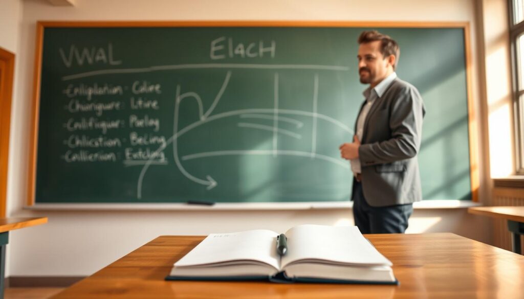 A classroom setting with a large chalkboard in the background, a desk with an open notebook and a pen in the foreground, and a teacher standing at the side, gesturing towards the chalkboard. The room is well-lit with warm, natural lighting filtering in through large windows. The teacher's attire is professional, and their expression is one of engaged instruction. The overall atmosphere conveys a sense of focused learning and intellectual discourse.