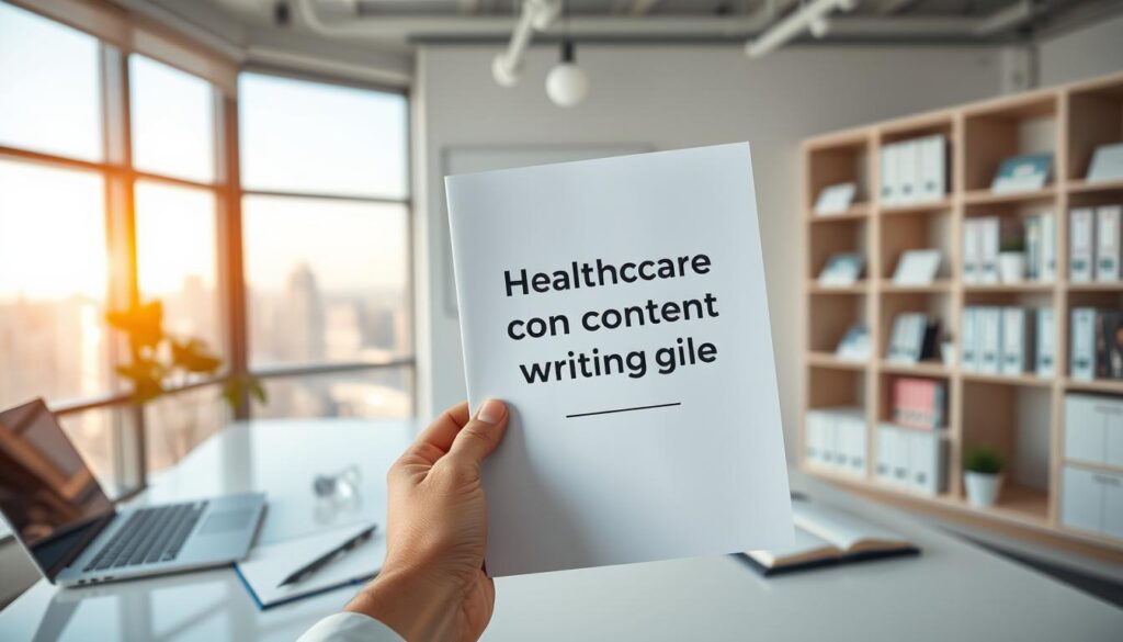 A clean, modern healthcare office interior with a well-lit desk displaying a laptop, notepad, and pen. In the foreground, a hand holds a medical document with the title "Healthcare Content Writing guide". The background features shelves with medical books and a large window overlooking a cityscape. The lighting is warm and professional, conveying a sense of expertise and authority. The overall composition emphasizes the importance of quality healthcare content, with the guide prominently displayed as the focal point.