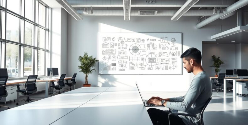A clean, modern office interior with well-lit workspaces and sleek, minimalist furniture. In the foreground, a person sits at a desk, intently focused on a laptop screen, hands typing away. The middle ground features a large whiteboard covered in technical diagrams and notes, conveying a sense of innovative thinking and problem-solving. The background showcases floor-to-ceiling windows, allowing natural light to flood the space and creating an airy, productive atmosphere. The overall scene radiates a sense of creativity, technology, and the collaborative nature of cutting-edge content writing.