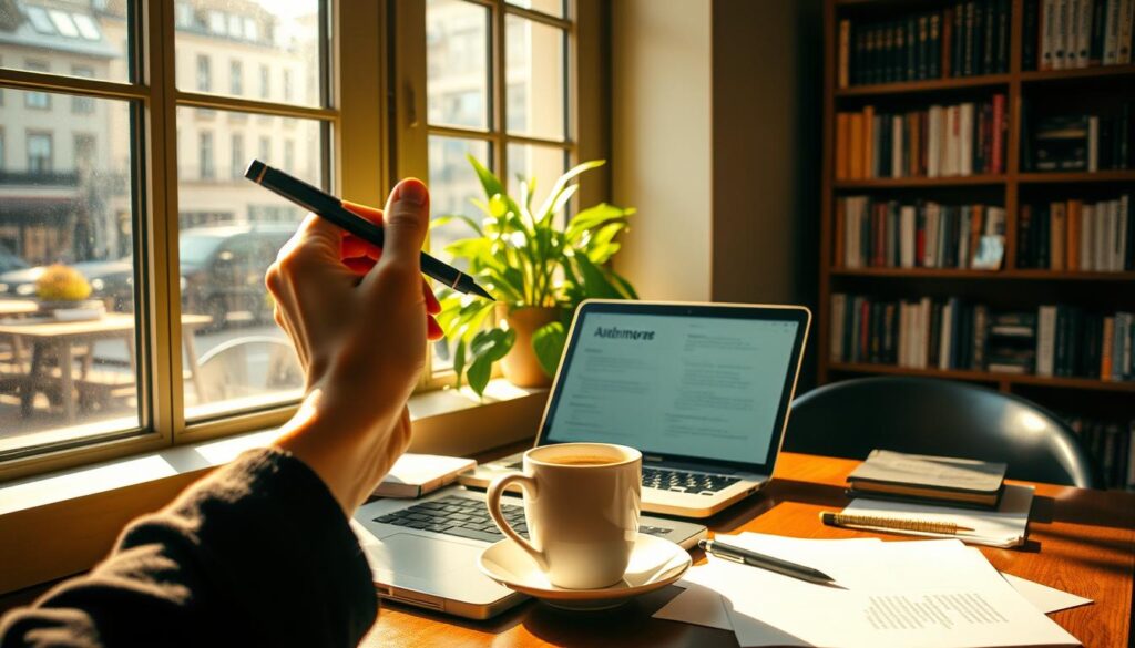 A cozy cafe interior, warm lighting casting a golden glow on a table with an open laptop, coffee mug, and scattered papers. In the foreground, a hand holding a pen hovers over the laptop, the owner's face obscured but deep in thought. In the middle ground, a lush plant on the windowsill adds a touch of nature, while the background features a bookshelf filled with culinary and writing-related titles. The atmosphere is one of creativity, inspiration, and the synergy between delicious food and captivating content.