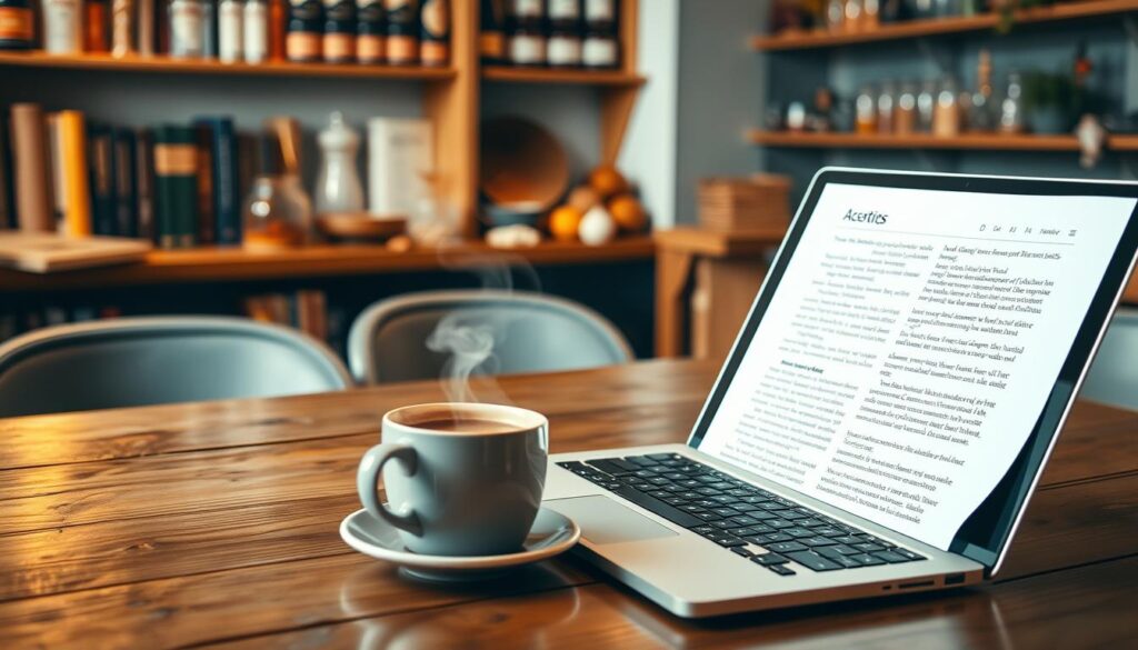 A cozy cafe setting with a wooden table, a cup of steaming coffee, and a laptop open, showcasing a document filled with evocative food-focused writing. In the background, shelves of cookbooks and artfully arranged spices and ingredients hint at the culinary inspiration behind the content. Soft, warm lighting illuminates the scene, creating an inviting, creative atmosphere for the art of food and beverage content writing.