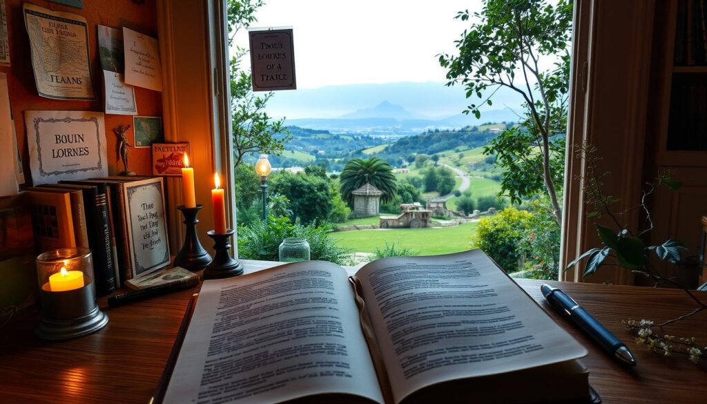 A cozy, candlelit writer's desk situated in a sunlit alcove, surrounded by a lush, verdant garden landscape. Soft, warm lighting filters through the window, casting a gentle glow on the carefully curated collection of travel journals, vintage maps, and inspirational quotes pinned to a cork board. In the foreground, a weathered leather-bound notebook lies open, its pages filled with the beginnings of a captivating travel narrative. In the background, a panoramic vista of rolling hills, winding paths, and distant mountain peaks, hinting at the endless possibilities for exploration and discovery. The overall scene exudes a sense of tranquility, creativity, and wanderlust, perfectly encapsulating the essence of "travel writing inspiration".