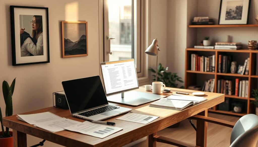 A cozy home office setting with a professional-looking desk, a laptop, and various financial documents and stationery. Warm, natural lighting filters through a large window, creating a focused and productive atmosphere. On the desk, a pen, a notebook, and a cup of coffee set the scene for a financial content writer at work. The walls are adorned with minimalist artwork and shelves displaying industry-relevant books and magazines. An air of expertise and attention to detail permeates the scene, reflecting the high-quality financial content writing services offered.