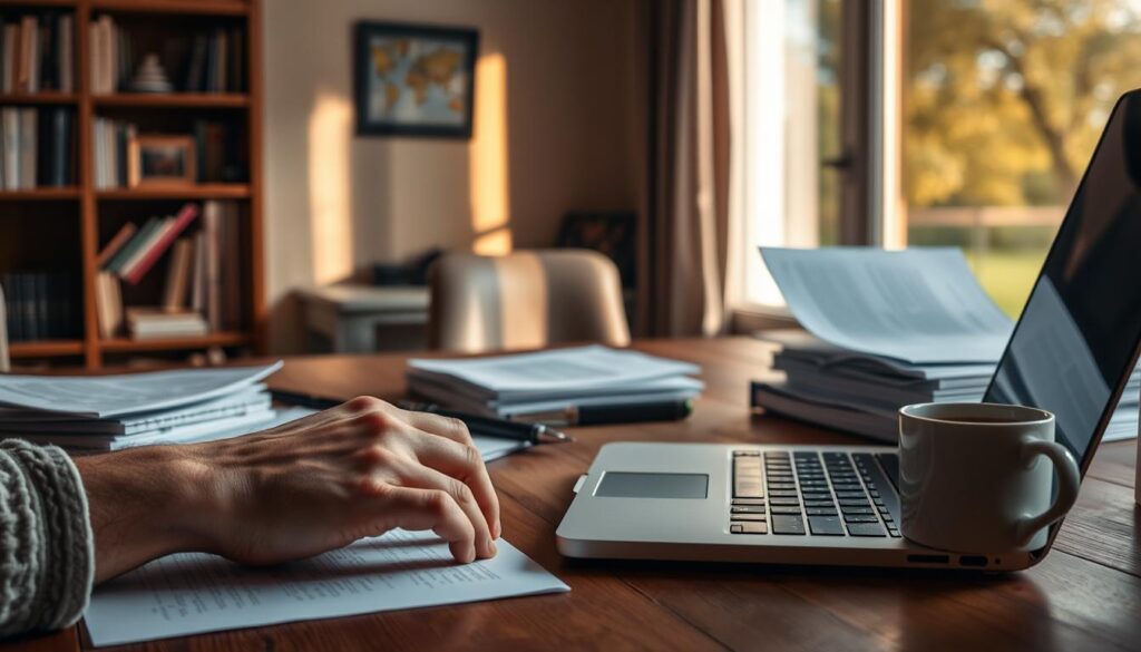 A cozy home office with a wooden desk, a laptop, and a stack of papers. The foreground features a writer's hand resting on the keyboard, deep in thought. The middle ground shows a pen and a cup of coffee, symbolic of the ghostwriting process. The background has soft, warm lighting, casting a contemplative mood, with a bookshelf and a window overlooking a serene outdoor scene. The overall atmosphere conveys a collaborative, creative, and introspective work environment.