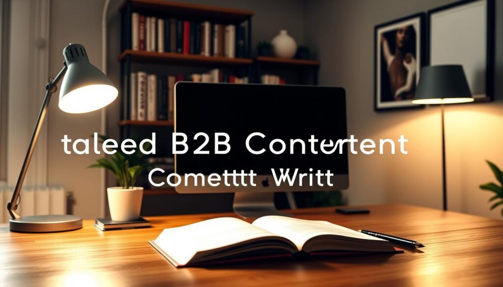 A cozy home office workspace with a sleek desktop computer, a modern lamp, and an open notebook on a wooden table. In the background, a bookshelf filled with business books and a minimalist wall art piece. The lighting is soft and warm, creating a productive and inspiring atmosphere. The overall scene conveys the essence of tailored B2B content writing, reflecting the brand's professional, yet approachable identity.