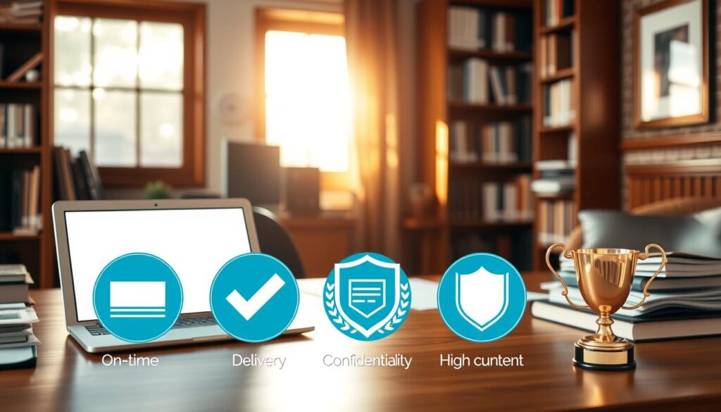 A cozy office interior with a wooden desk, a laptop, and a stack of papers. Sunlight streams in through a window, casting a warm glow on the scene. On the desk, a set of icons symbolizing various service guarantees, such as a checkmark for "On-time Delivery," a shield for "Confidentiality," and a trophy for "High-quality Content." The background features a bookshelf filled with reference materials, hinting at the expertise behind the blog writing service. The overall atmosphere conveys a sense of professionalism, reliability, and attention to detail.