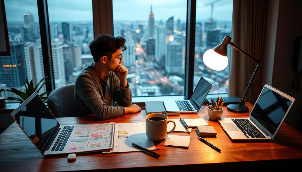 A cozy office setting with an expansive wooden desk, a large window overlooking a bustling city skyline, and a planner filled with notes and colorful sticky tabs. In the foreground, a person sits thoughtfully, surrounded by open laptops, a steaming mug of coffee, and an array of pens and paper. Soft lighting from a minimalist desk lamp casts a warm glow, creating an atmosphere of focused, creative contemplation. The scene conveys the careful development of a comprehensive content strategy, with the window providing a sense of broader perspective and connection to the outside world.
