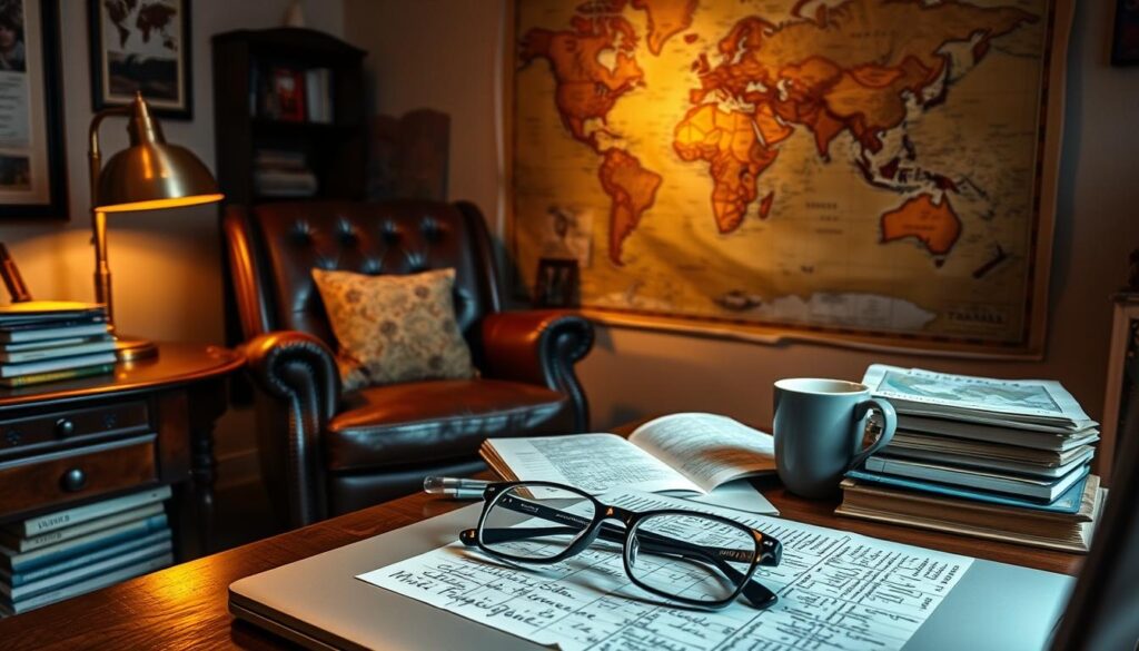 A cozy study workspace with a well-worn leather armchair, a mahogany desk, and a large world map unfurled on the wall. Warm lighting from a brass desk lamp casts a gentle glow, illuminating stacks of travel guides, a mug of steaming tea, and a notebook filled with handwritten notes. In the foreground, a pair of reading glasses rests atop a laptop, conveying a sense of contemplation and research. The overall scene evokes the atmosphere of planning an extraordinary journey, where the world's possibilities lay open, waiting to be explored.