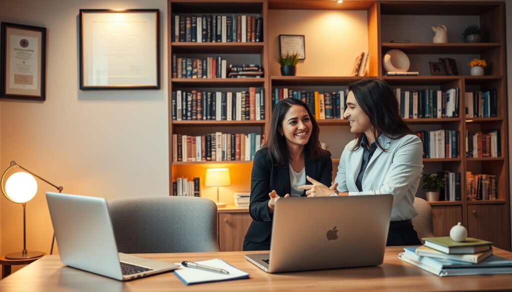 A cozy, well-lit office setting with a neatly organized desk featuring a laptop, notepad, and a framed diploma on the wall. In the foreground, two business professionals are engaged in a collaborative discussion, their body language conveying a sense of camaraderie and success. The background showcases bookshelves filled with industry-relevant publications, complemented by tasteful decor that exudes a professional yet approachable atmosphere. Warm lighting casts a soft glow, creating an inviting and productive ambiance that reflects the client's positive experience with the case study writing services.