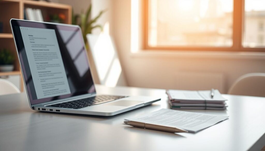 A crisp, clean office desk with a laptop, a stack of papers, and a pen neatly arranged. The laptop screen displays an open document, hinting at the writing process. Warm, natural lighting filters through a large window, casting a soft glow on the scene. The background blurs subtly, keeping the focus on the desk and its contents, symbolizing the expertise and attention to detail in the article writing services offered. A sense of productivity, professionalism, and thoughtful composition pervades the image.