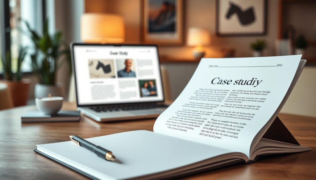 A crisply lit, high-resolution academic case study document with a clean, sophisticated layout serves as the centerpiece, its pages showcasing impactful storytelling that highlights a client's success. In the foreground, a minimalist, elegant pen and notebook evoke the process of crafting an effective case study. The middle ground features a laptop displaying an engaging brand narrative, while the background depicts a serene, professional office environment with tasteful decor, soft lighting, and a sense of focused productivity.