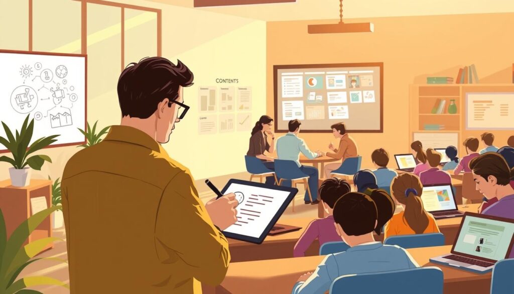 A digital illustration showcasing the educational content development process. In the foreground, an educator brainstorms ideas, jotting down notes on a tablet with a stylus. In the middle ground, a team of content creators collaborate, gathered around a table, discussing outlines and storyboards projected on a large screen. In the background, a class of students engages with the resulting interactive educational materials on their laptops, immersed in the learning experience. The scene is bathed in warm, natural lighting, conveying a sense of creativity, collaboration, and effective knowledge transfer.