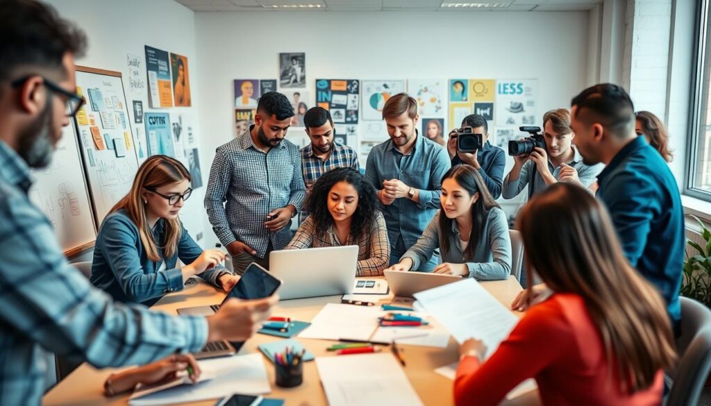A dynamic group of diverse individuals, each with their own unique expertise, collaborating in a modern, well-lit office space. In the foreground, a team of content creators brainstorming ideas, surrounded by whiteboards, laptops, and inspirational mood boards. In the middle ground, a content strategist reviews analytics data, while a copywriter refines impactful messaging. In the background, a videographer captures footage for engaging multimedia content, while a designer fine-tunes visuals. The atmosphere is one of focused energy, creativity, and a shared passion for crafting a compelling digital experience.