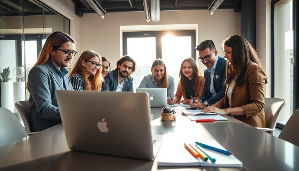A group of professional bloggers, each with their own unique style and expertise, gathered around a stylish conference table in a modern, well-lit office. Sunlight streams in through large windows, casting a warm glow on their focused expressions as they collaborate on their latest article. The team, dressed in a mix of business casual and creative attire, represent a diverse range of backgrounds and perspectives, united by their passion for crafting compelling blog content. In the foreground, a laptop and notebook sit open, surrounded by an assortment of pens and highlighters, hinting at the meticulous planning and research that goes into their work. The overall scene conveys a sense of teamwork, creativity, and a commitment to delivering high-quality blog writing for their audience.