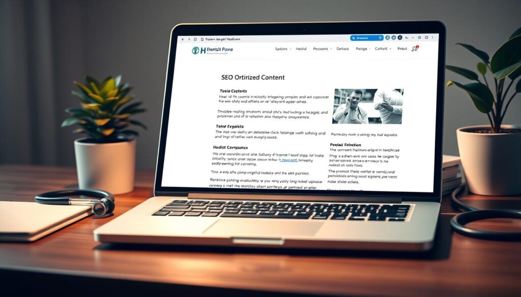 A healthcare professional's laptop displaying a web page with well-organized, SEO-optimized content. Soft, warm lighting illuminates the scene, creating a professional and trustworthy atmosphere. The page features a clean, modern design with clear section headings, bullet points, and subtle infographic elements that highlight key healthcare topics. The laptop is positioned on a wooden desk, with medical-themed decor such as a stethoscope and a potted plant in the background, emphasizing the healthcare context. The overall composition conveys expertise, credibility, and a dedication to providing valuable, search-engine-friendly content for medical professionals.