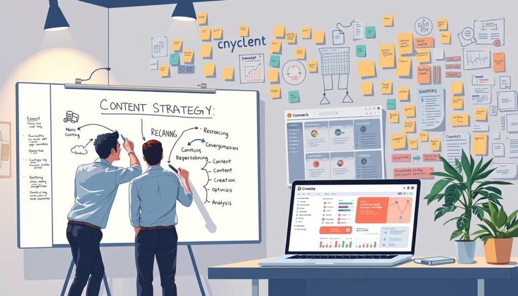 A high-quality, detailed digital illustration depicting the content strategy development process. The foreground shows a team of professionals collaborating on a whiteboard, sketching out the different stages of the process: research, planning, content creation, optimization, and analysis. The middle ground features a laptop displaying a project management dashboard, with Gantt charts and analytics. In the background, a wall is adorned with sticky notes, flowcharts, and other visual aids, creating a vibrant, productive atmosphere. The lighting is warm and focused, creating a sense of focus and intensity. The composition is balanced, with a clean, modern aesthetic that reflects the subject matter.