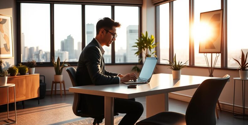 A high-quality, professional content creation scene with a well-lit modern office setting. In the foreground, a person sits at a sleek, minimalist desk, intently focused on a laptop screen. The background features floor-to-ceiling windows overlooking a cityscape, casting a warm, natural light across the scene. Tasteful decor elements like potted plants and abstract artwork adorn the space, creating a refined, inspirational atmosphere. The overall mood is one of productivity, creativity, and intellectual engagement, evoking the idea of thought leadership and expert article writing.