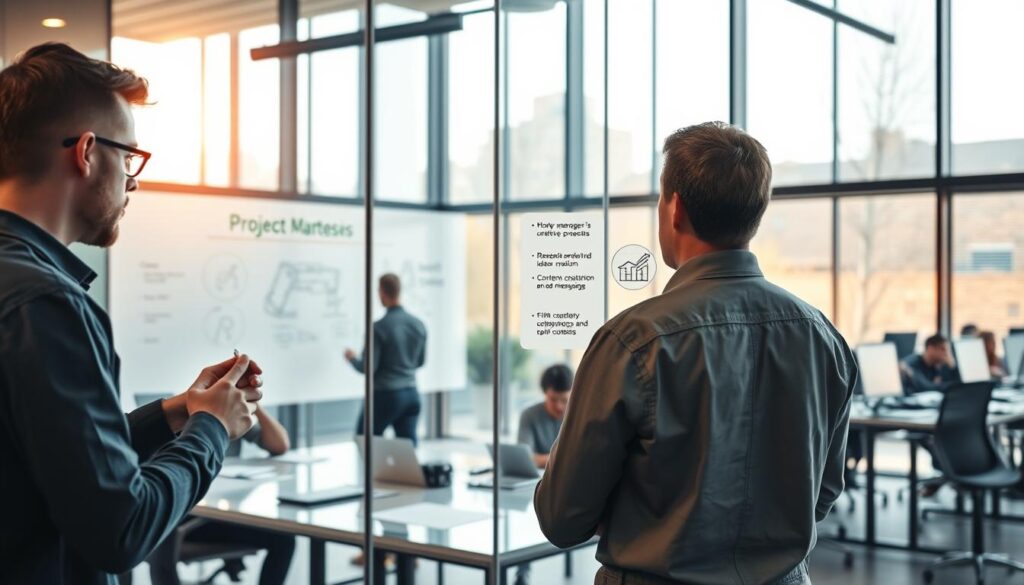 A high-tech modern office with a glass-walled conference room. Inside, a team of copywriters and creative professionals collaborate, sketching ideas on digital whiteboards and discussing marketing strategies. Warm, diffused lighting filters through large windows, casting a soft glow over the scene. In the foreground, a project manager reviews the agency's creative process on a sleek touchscreen display, outlining key stages from research and ideation to content creation and campaign deployment. The background features rows of workstations where other team members brainstorm copy concepts and refine messaging. An atmosphere of focused creativity pervades the space, reflecting the agency's commitment to crafting compelling, results-driven marketing communications.