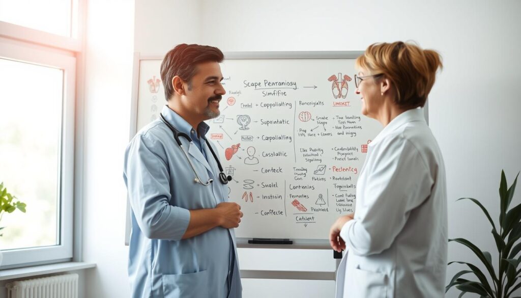 A medical professional stands in a well-lit clinical setting, thoughtfully simplifying complex medical terminology on a whiteboard. The foreground depicts a vibrant visual metaphor, with anatomical diagrams and icons replacing intimidating jargon. The middle ground showcases a warm, approachable interaction, as the doctor engages with a patient, translating esoteric concepts into plain, understandable language. The background features a soothing, calming atmosphere, conveying a sense of trust and understanding between the healthcare provider and the individual seeking care. Soft, natural lighting, a clean aesthetic, and a compassionate tone create an image that embodies the essence of making specialized medical information accessible to all.
