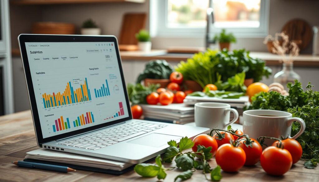 A meticulously arranged still life depicting data-driven food content strategies. In the foreground, a sleek laptop displaying colorful analytics dashboards and performance metrics. Beside it, a stack of neatly organized notebooks, pens, and a cup of steaming coffee. The middle ground features a variety of fresh, vibrant ingredients - leafy greens, juicy tomatoes, fragrant herbs - symbolizing the creative culinary inspiration behind the data. In the background, a softly lit, minimalist kitchen backdrop, hinting at the seamless integration of technology and gastronomy. Warm, natural lighting casts a cozy, inviting glow, conveying the notion of data-driven food content that is both analytical and appetizing.