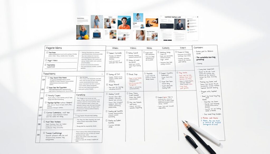A meticulously detailed content production plan, drawn with precision on a crisp white surface. In the foreground, a clean wireframe layout showcases a variety of content types - articles, images, videos, and social media posts. The middle ground features a calendar grid, with color-coded deadlines and milestones. In the background, a mood board displays inspirational visuals, brand guidelines, and content themes. Soft, directional lighting casts subtle shadows, creating depth and emphasizing the organizational structure. The composition is balanced, professional, and conveys a sense of control and efficiency - the perfect visual aid for crafting an engaging user experience.