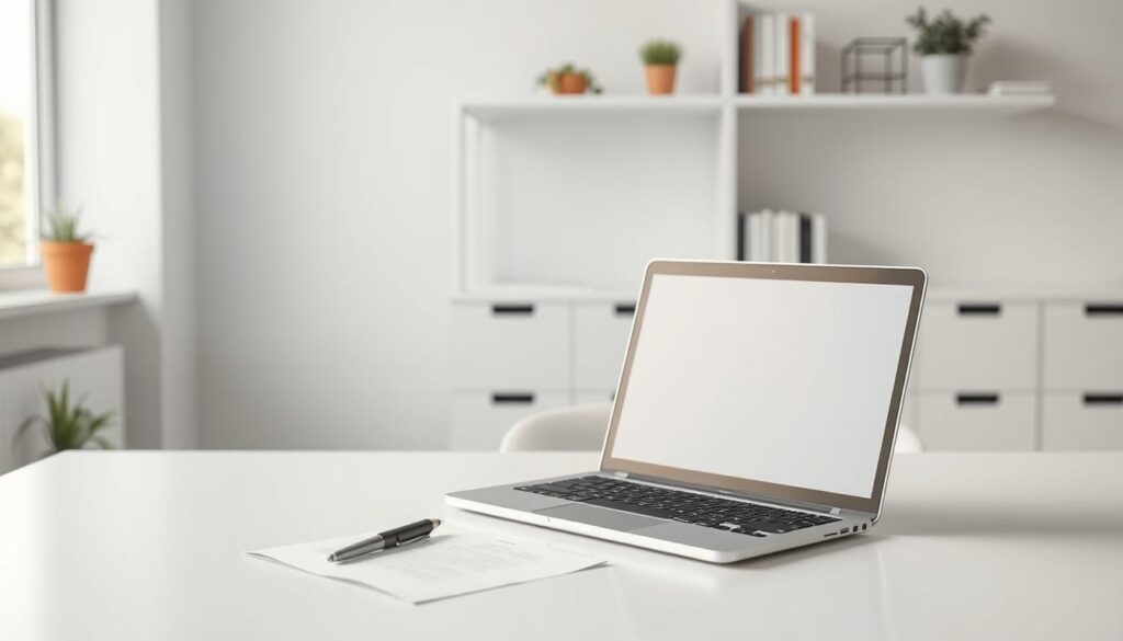A minimalist office setting with a clean, uncluttered desk displaying a laptop, pen, and a single sheet of paper. The lighting is soft and diffused, creating a serene, focused atmosphere. In the background, shelves hold a few carefully curated books and plants, suggesting an environment conducive to productive, deliberate content strategy development. The composition emphasizes simplicity, efficiency, and a pared-down approach to content planning, reflecting the "lean" concept.