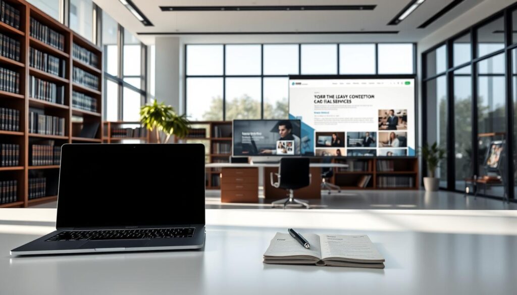 A modern and professional law office interior with floor-to-ceiling windows, natural lighting, and clean lines. In the foreground, a laptop and notepad on a minimalist desk, showcasing digital and written legal content. The middle ground features bookcases filled with legal tomes, hinting at the firm's expertise. In the background, a large monitor displays a website with visually appealing legal content and branding. The overall atmosphere is one of sophistication, efficiency, and a commitment to delivering high-quality legal services through compelling digital content.