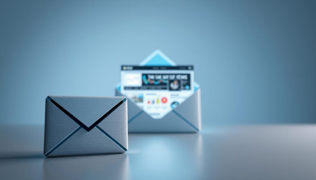 A modern and visually captivating email newsletter personalization design. In the foreground, a stylized envelope icon with a unique pattern or texture, subtly reflecting the personalized nature of the content. In the middle ground, a bright, clean display of dynamic data visualizations and interactive content modules, showcasing how the newsletter can be tailored to the recipient's interests and behaviors. The background features a minimalist geometric pattern or gradient, creating a sense of sophistication and digital elegance. The lighting is soft and diffused, with subtle highlights and shadows enhancing the depth and dimensionality of the composition. The overall mood is professional, inviting, and designed to capture the attention of the reader and drive engagement with the personalized email newsletter.