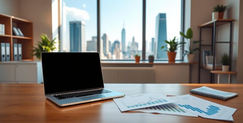A modern, minimalist financial office scene with natural lighting and a warm, professional atmosphere. In the foreground, a laptop and papers with financial data and graphs are neatly arranged on a sleek, wooden desk. In the middle ground, a large window overlooks a bustling city skyline, casting a soft, diffused light throughout the space. In the background, subtle shelves with finance-related books and a few potted plants add a touch of greenery, creating a calming and productive environment. The overall composition conveys a sense of expertise, efficiency, and attention to detail in financial content writing services.