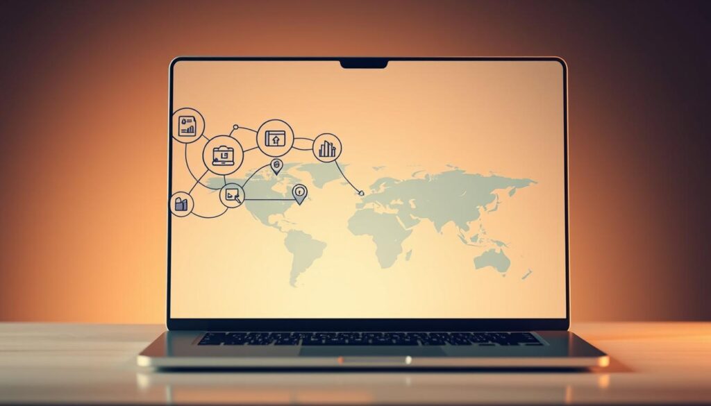 A modern, minimalist illustration of a B2B content marketing strategy. In the foreground, a laptop screen displays a visual framework with interconnected icons representing various content types like blog posts, social media updates, and whitepaper downloads. The middle ground features a stylized world map, symbolizing the global reach of effective B2B content. In the background, a warm, soft-focus gradient creates a professional, corporate atmosphere, with gentle shadows and highlights accentuating the composition. The overall scene conveys the strategic and impactful nature of B2B content marketing, aligning with the article's subject and section title.