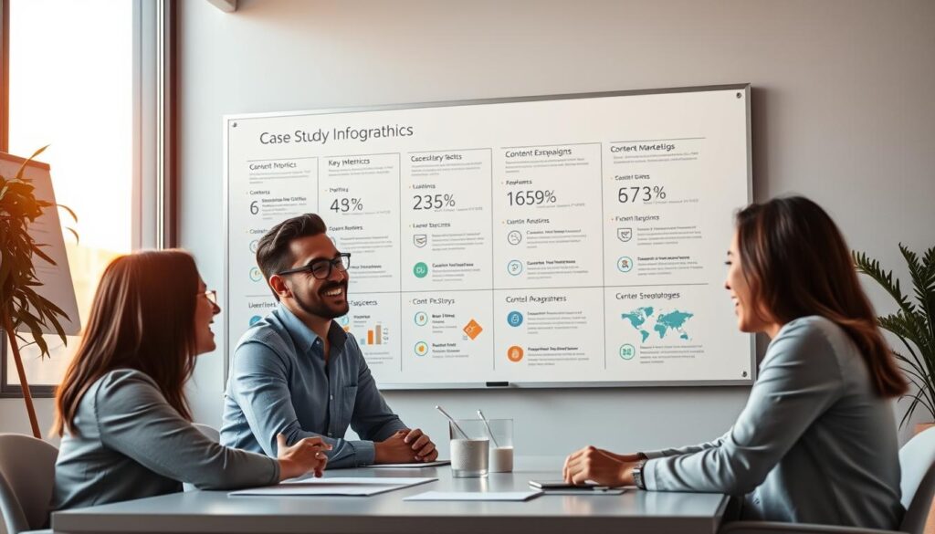 A modern, minimalist office setting with a large whiteboard or projection screen on the wall. In the foreground, three professional business people are gathered around a table, engaged in a collaborative discussion, their faces expressing enthusiasm and excitement. Behind them, a series of case study infographics are displayed on the whiteboard or projection screen, highlighting key metrics, statistics, and success stories from various content marketing campaigns. The lighting is warm and inviting, with a hint of natural light streaming in from a nearby window. The overall atmosphere conveys a sense of productivity, innovation, and the power of effective content marketing strategies.
