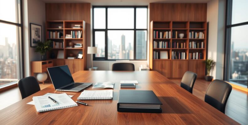 A modern, minimalist office setting with a large, wooden desk in the foreground. On the desk, various financial documents, a laptop, and a pen lay neatly arranged. The middle ground features a comfortable armchair and a bookshelf filled with finance-related books. The background showcases a large window overlooking a cityscape, bathed in warm, natural lighting. The overall atmosphere conveys a sense of professionalism, expertise, and attention to detail in financial content writing services.