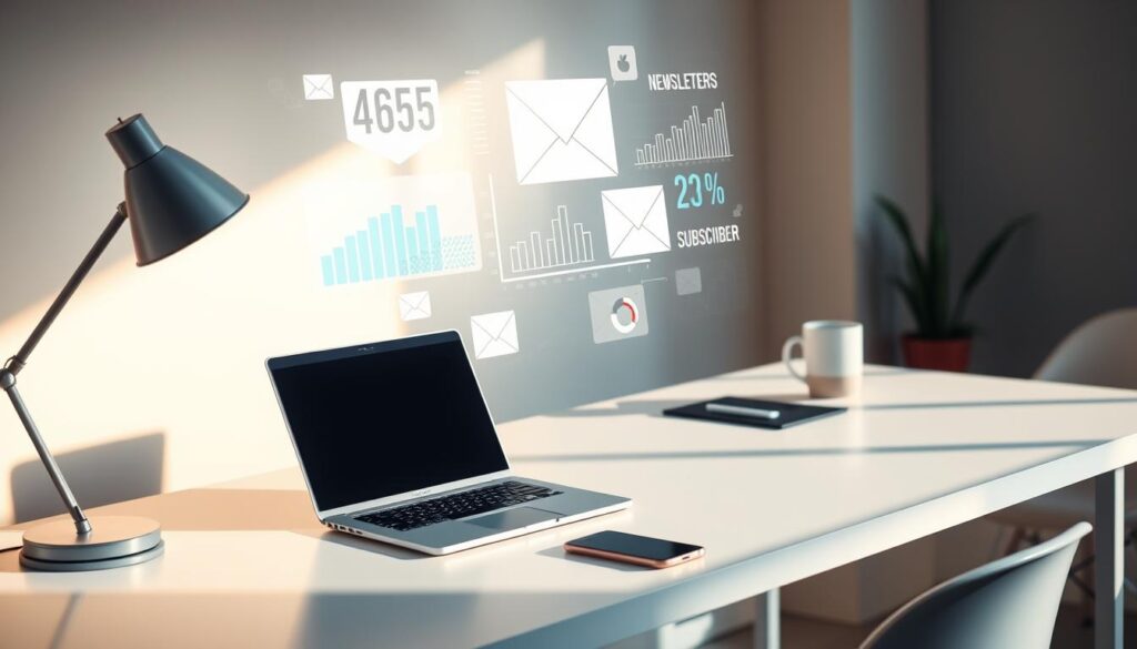 A modern, minimalist workstation with a sleek white desk, displaying a laptop, smartphone, and various digital analytics charts and graphs. A warm, natural lighting fills the scene, creating a sense of focus and productivity. In the background, a stylized visualization of email newsletter metrics and subscriber data hovers ethereally, reflecting the analytical nature of the task at hand. The overall atmosphere conveys a balance of technology, data-driven insights, and a streamlined, efficient approach to measuring the success of email marketing efforts.