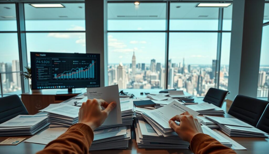 A modern office interior with a large, well-lit desk displaying a variety of white papers, brochures, and documents. In the foreground, a pair of hands carefully organizing and distributing the materials, highlighting their meticulous approach. The middle ground features a computer monitor displaying analytics and statistics, showcasing the data-driven strategies behind the white paper distribution. In the background, floor-to-ceiling windows provide a panoramic view of a bustling city skyline, conveying a sense of professionalism and success. The overall mood is one of efficiency, attention to detail, and a commitment to maximizing the impact of the white paper investment.