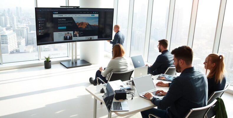 A modern, professional copywriting agency set in a bright and airy open-office space. In the foreground, a team of copywriters brainstorm ideas, typing on sleek laptops. In the middle ground, a designer fine-tunes a web layout on a large curved monitor. In the background, floor-to-ceiling windows offer a panoramic city skyline view, bathing the room in natural light. The atmosphere is one of focused creativity, with minimalist décor and clean lines conveying a sense of sophistication and expertise.