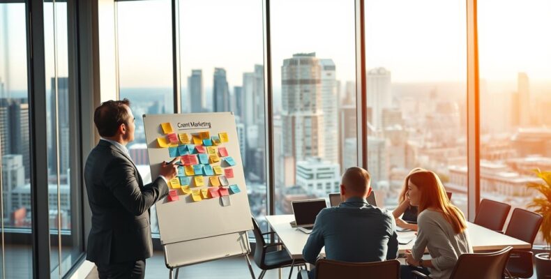 A modern, sleek office setting with floor-to-ceiling windows overlooking a bustling city skyline. In the foreground, a well-dressed professional stands at a whiteboard, mapping out a content marketing strategy with colorful sticky notes and markers. In the middle ground, a team of collaborators huddle around a conference table, laptops open, deep in discussion. The background is bathed in warm, directional lighting, creating a dynamic, productive atmosphere. The overall scene conveys the strategic planning and teamwork involved in crafting an effective content marketing approach to drive business growth.