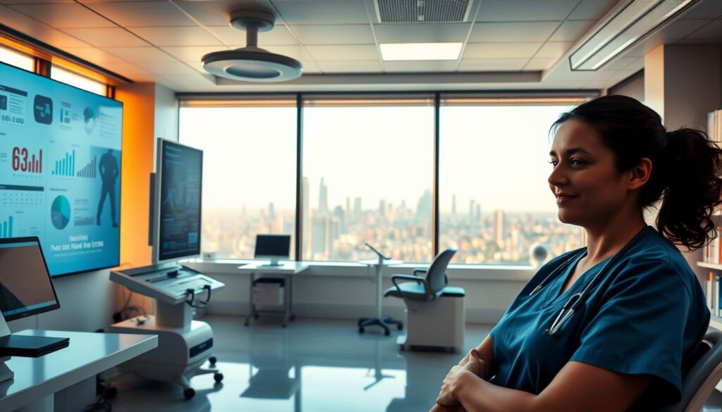 A modern, well-equipped medical clinic, flooded with warm, natural light. In the foreground, a nurse in scrubs consults with a patient, their expressions conveying compassion and professionalism. In the middle ground, digital displays showcase various healthcare-related infographics and data visualizations. The background features a panoramic view of a bustling city skyline, symbolizing the connection between specialized healthcare content and the wider world. The overall mood is one of innovation, expertise, and a commitment to delivering high-quality, informative content for medical professionals.