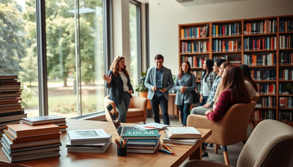 A modern, well-lit classroom setting with a large, airy window overlooking a lush, verdant campus. In the foreground, a wooden desk with stacks of textbooks, a laptop, and a colorful array of stationery. A cozy armchair sits nearby, inviting contemplation. In the middle ground, an academic advisor gestures animatedly, engaging with a group of attentive students. The background features a bookshelf filled with academic journals and reference materials, casting a warm, scholarly ambiance. The overall mood is one of productive collaboration and intellectual curiosity.