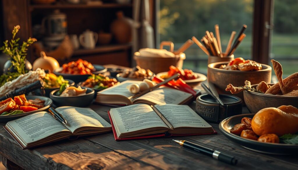 A mouthwatering still life depicting the art of descriptive food writing. In the foreground, a rustic wooden table is adorned with a lush array of freshly prepared dishes. Tantalizing aromas waft through a warm, golden-hued ambiance, as if captured in a cozy kitchen at the golden hour. In the middle ground, a series of open notebooks and writing instruments suggest the process of crafting evocative food descriptions, their pages filled with vivid, sensory-rich prose. The background features a softly blurred, natural setting, hinting at the abundance of nature's bounty that inspires the writer's craft. Lighting is soft and directional, casting subtle shadows that accentuate the textures and forms of the food and writing materials. The overall scene conveys a sense of thoughtful, artisanal creation - a celebration of the powerful intersection of food and the written word.