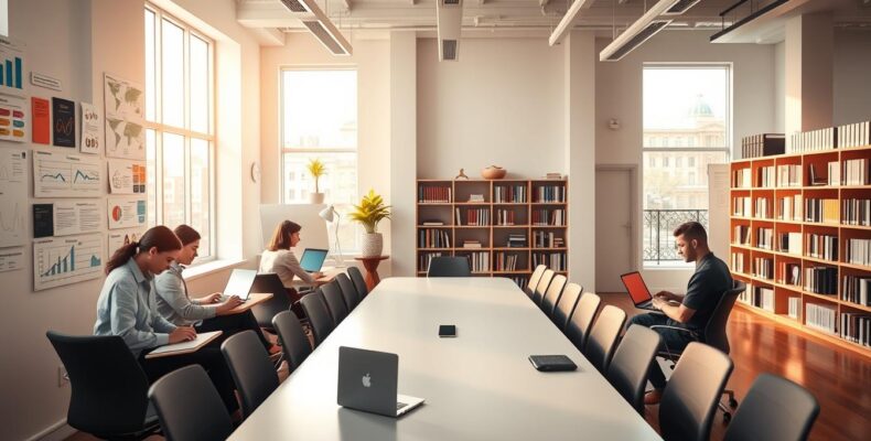 A pristine modern office space, bathed in warm, natural lighting from large windows. In the foreground, a team of professional writers intently focused on their laptops, crafting engaging educational content. Vibrant infographics, diagrams, and visual aids adorn the walls, reflecting the collaborative and innovative nature of the content creation process. The middle ground features a sleek, minimalist conference table, surrounded by ergonomic chairs, creating an atmosphere of productive discussion and ideation. In the background, floor-to-ceiling bookshelves filled with reference materials and a serene, contemplative ambiance, evoking the intellectual rigor of the educational content writing services.