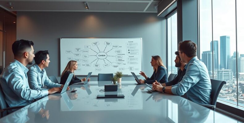 A professional B2B content marketing strategy unfolds in a sleek, modern workspace. In the foreground, a team collaborates around a polished conference table, laptops and tablets in hand, engaged in lively discussion. The middle ground features a large whiteboard displaying a mind map of content ideas, marketing funnels, and KPIs. In the background, floor-to-ceiling windows offer a panoramic view of a vibrant cityscape, symbolizing the wider business landscape. Soft, directional lighting illuminates the scene, casting subtle shadows and highlighting the focused expressions of the team. An atmosphere of strategic thinking, creativity, and momentum pervades the image, capturing the essence of driving business engagement through professional B2B content writing services.