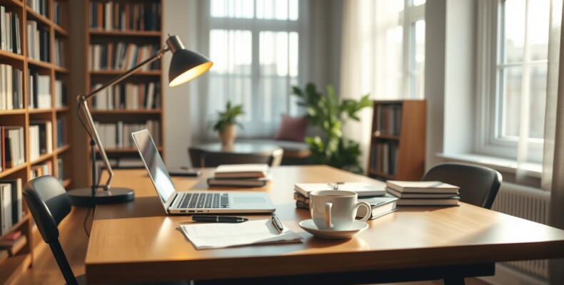 A professional academic desk with a laptop, books, a pen, and a cup of coffee on it. The desk is placed in a cozy, well-lit study room with bookshelves lining the walls. Soft lighting from a desk lamp casts a warm glow over the scene, creating a contemplative and focused atmosphere. The room is filled with natural light from a large window, casting a soft, diffused illumination on the desk and its contents. The overall mood is one of scholarly productivity, with the academic tools and setting suggesting a reliable and trustworthy academic writing service.