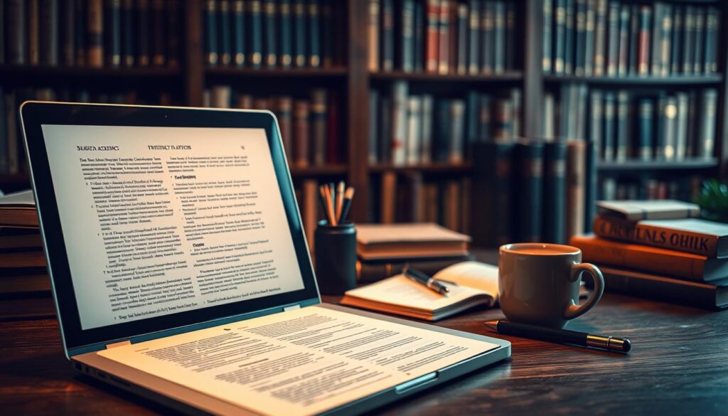 A professional academic writing service with a team of skilled editors and proofreaders, set against a backdrop of scholarly tomes and research materials. In the foreground, a laptop displays a meticulously formatted academic paper, with the editor's careful annotations visible. Soft, warm lighting illuminates the scene, creating an atmosphere of intellectual focus and dedication to excellence. The middle ground features a neatly organized workspace, with writing implements, reference books, and a mug of steaming coffee, suggesting the diligence and attention to detail required for successful scholarly work. In the background, a bookshelf filled with volumes on various academic disciplines conveys the depth of knowledge and expertise that underpins the service.