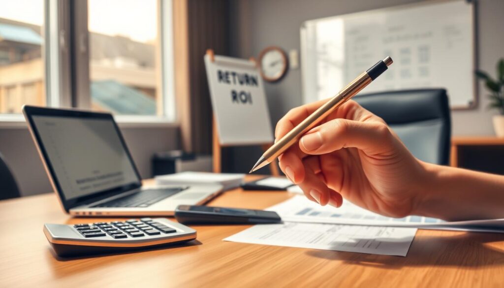 A professional accountant's office, bathed in warm, natural light, with a neatly organized desk showcasing a laptop, calculator, and a stack of financial documents. In the foreground, a hand holds a pen, poised to meticulously track the Return on Investment (ROI) from a professional copywriting engagement. The background features a wall-mounted whiteboard, symbolizing the data-driven analysis and strategic planning inherent in measuring the impact of high-quality copywriting on the client's marketing efforts. The overall scene conveys a sense of thoughtful examination, with an emphasis on quantifying the tangible benefits of investing in exceptional written content.